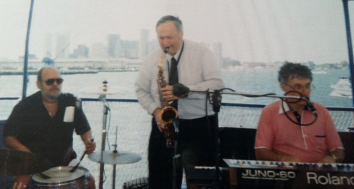 saxman Pete Stefan and keyboardist Michael Kaye on boat in Boston Harbor